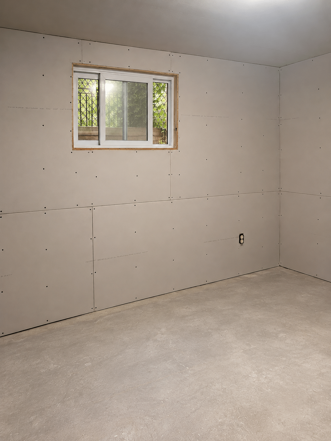 Residential drywall installation showing newly installed gypsum wallboards ready for taping and finishing