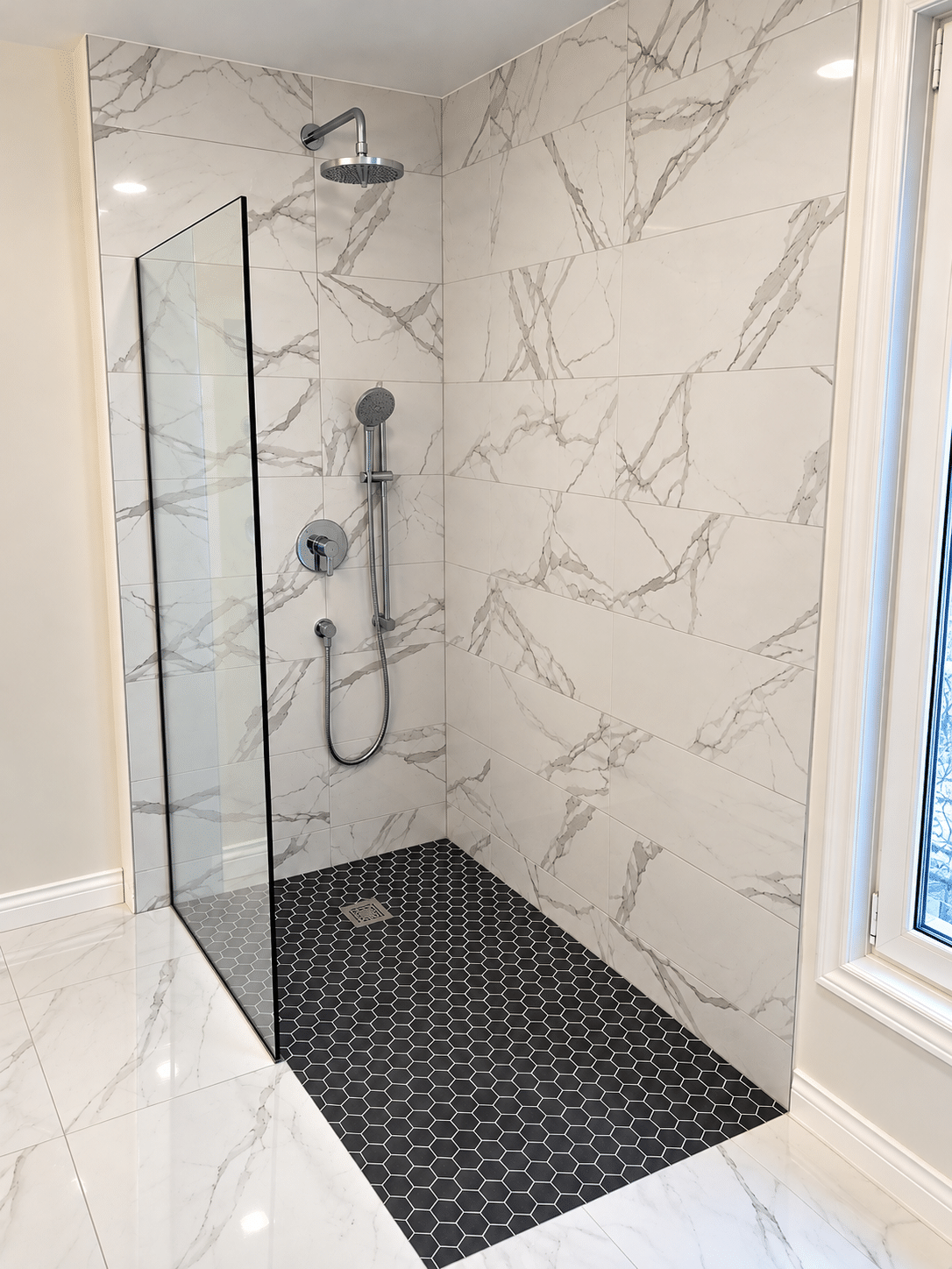 Curbless walk-in shower featuring marble-look porcelain wall tiles, black hexagonal mosaic flooring, a fixed glass shower screen, rainfall showerhead, and handheld shower fixtures.
