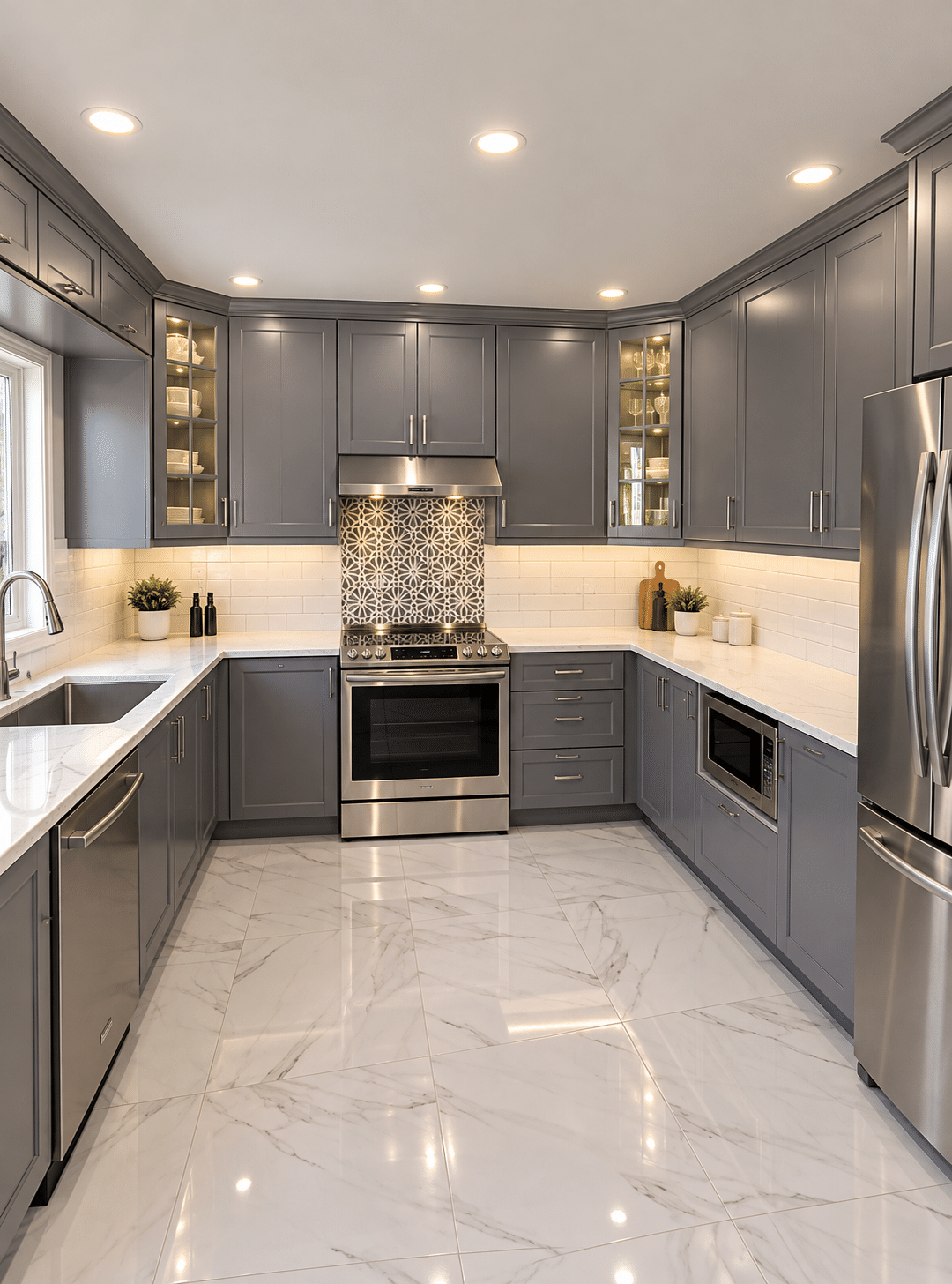 Kitchen renovation featuring grey shaker cabinets, marble-look porcelain flooring, and stainless steel appliances