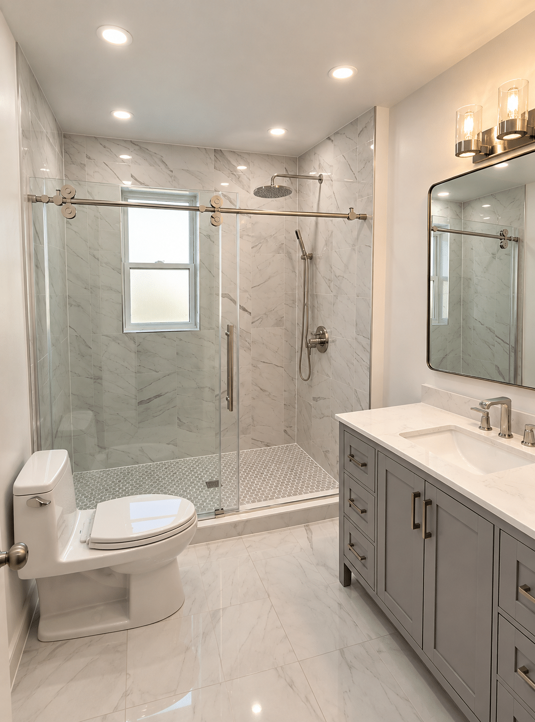 Modern bathroom renovation with walk-in shower, marble-look porcelain tiles, glass enclosure, and grey vanity
