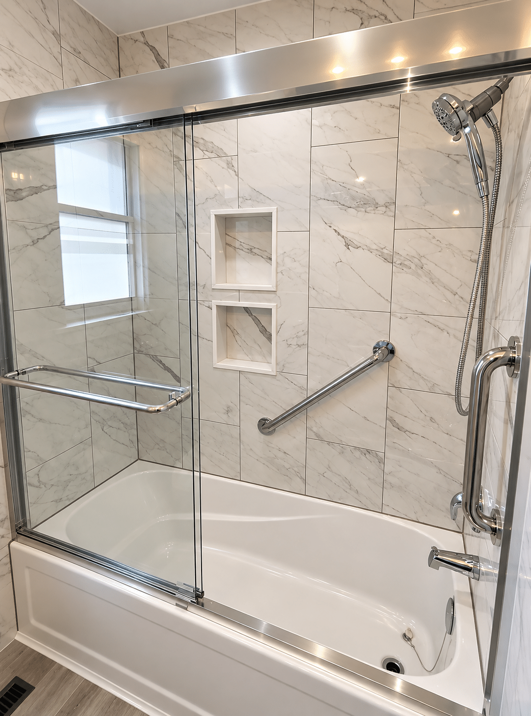 Renovation featuring marble-look wall tiles, bathtub, glass shower enclosure, and chrome fixtures