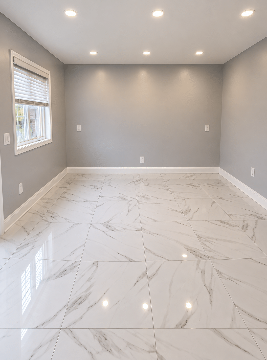 Large-format marble-look porcelain floor tile installation with grey painted walls and recessed lighting