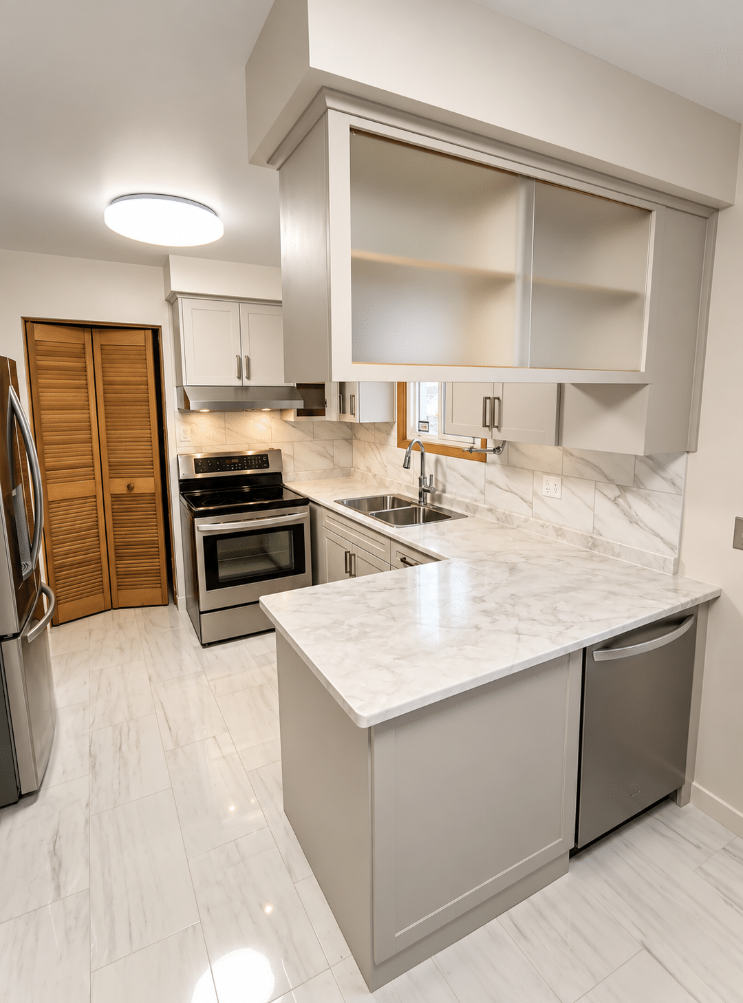 Modern kitchen renovation in Toronto featuring white shaker cabinets, marble-look countertops and backsplash, stainless steel appliances, a breakfast peninsula, and light-coloured tile flooring.